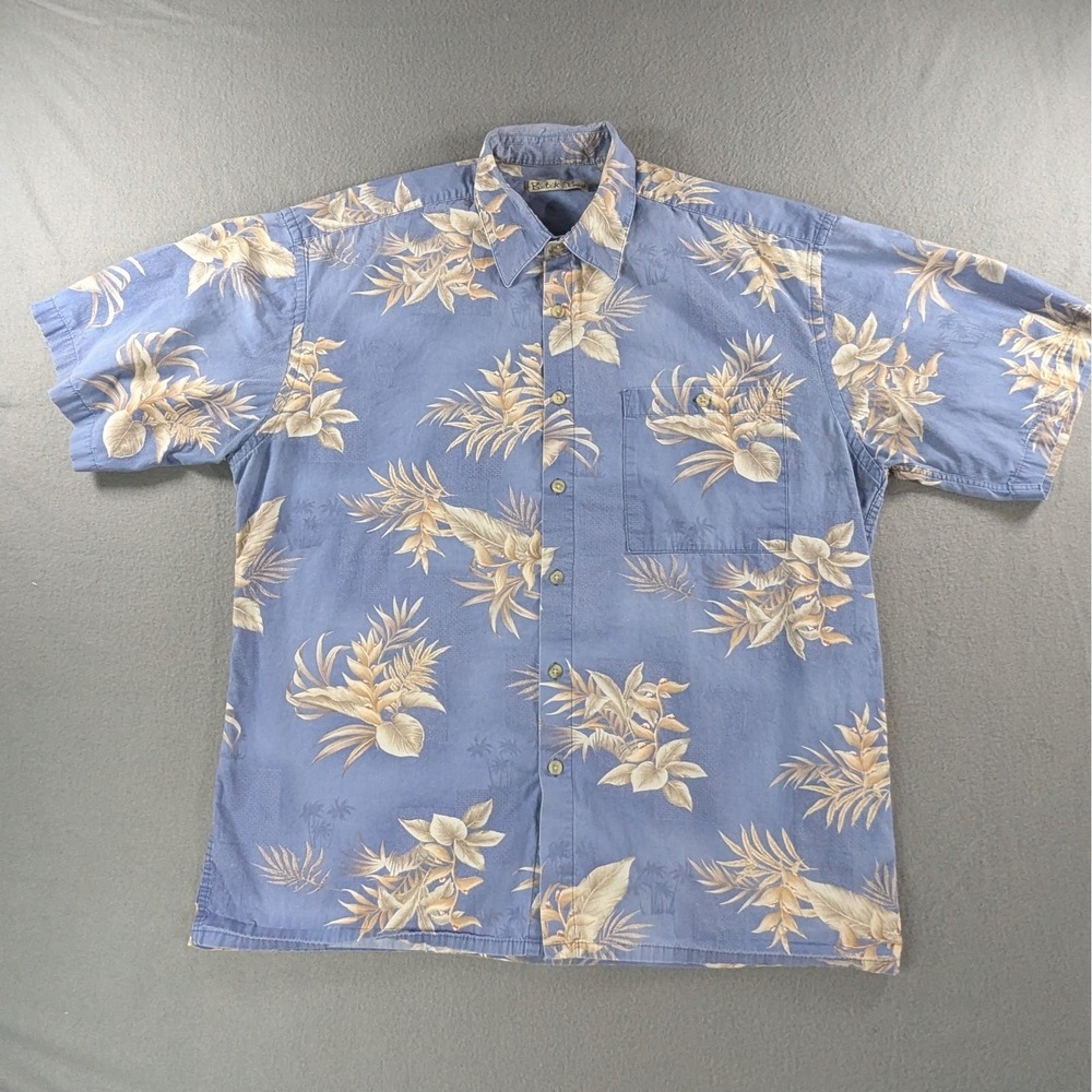 Batik Bay Mens Floral Tropical Short Sleeve Button Down Shirt Large Blue